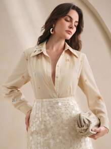 Anewsta Áo sơ mi dài tay dáng rộng cho nữ màu trơn, thêu hạt cườm, trễ vai - Màu be - Xem 5