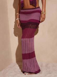Hauture 女士条纹镂空设计超长时尚针织中长裙 - 紫色 - 查看 5