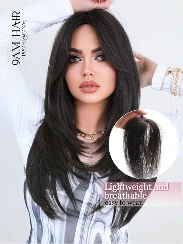 9AM Hair Hair Topper, 5.3x1.7 Inch Lace Base 10 Inch Natural Black 100% Human Hair, Lightweight, Breathable, Easy To Wear, Natural Blend For Daily Use Winter Christmas Halloween Costumes Autumn Outfits Women Fall Outfits Women Chic Elegant Glow Edgy Clean Classic Lit Snack Baddie 90s Vintage Retro Grunge Cottagecore Kawaii Cyberpunk Streetwear Preppy Futuristic Minimalist Street Style Bridal Photoshoot Date Night Casual Cozy Night Out Butterfly Clips