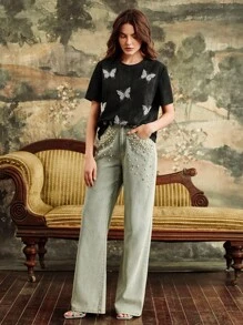 Anewsta Áo thun tay ngắn đính đá hình bướm thời trang dành cho nữ - màu đen - Xem 5