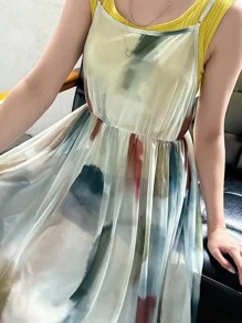 FRIFUL 女士扎染印花网眼高腰吊带连衣裙，适合夏季太阳裙 - 彩色 - 查看 4