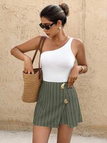 SHEIN Frenchy 女式休闲条纹开衩裙短裤 - 軍綠色 - 查看 1