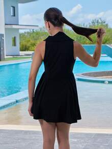 Andrea Bello Women's Summer Casual V-Neck Ruched Waist Sleeveless Black Mini Dress - Black - View 2