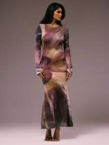 MUSERA Vestido maxi de manga larga ajustado con estampado floral de punto, de malla transparente, para invierno, verano, vacaciones, salida nocturna, cita, boda, fiesta, elegante, Ibiza, ocasión, femenino, lindo, chic - Multicolor - Ver 5