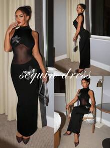 SHEIN SXY Sequin Embroidered Sexy Mesh Patchwork Black Dress, Black Maxi Dress, Mesh Panel Dress, See Through Maxi Dress, Mock Neck Maxi Dress, Rhinestone Maxi Dress,Y2k,Elegant Dresses For Women,Country Concert Outfit,Club Outfits Women Sexy,Prom - Black - View 6