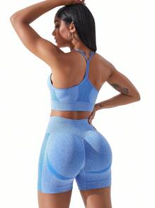 Easithlete Áo ngực thể thao co giãn cao liền mạch kèm quần short biker tập luyện cho nữ Bộ tập luyện cho nữ - Màu xanh lam - Xem 4