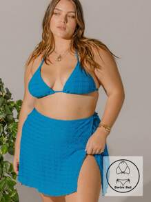 Aralina Curve Vacataion Blue Textured Halter Bikini And Mini Skirt Beach Three Pieces Set With Swim Bag For Summer Beach Vacation - Blue - View 1