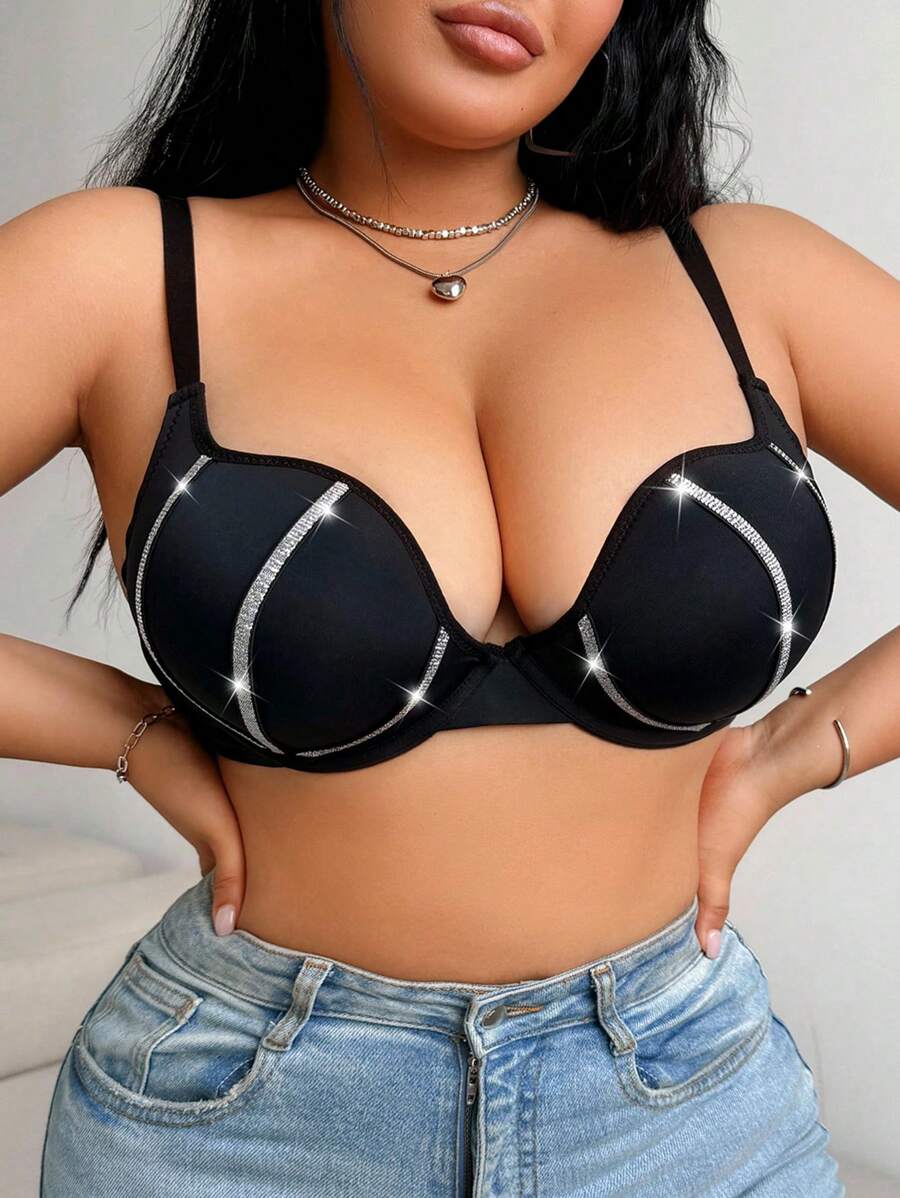 SHEIN 1 Áo ngực hỗ trợ có gọng đơn giản cỡ lớn dành cho nữ, mặc thường ngày, màu đen - màu đen - Xem 1