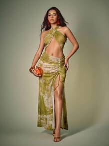 Shutterstock Vestido de mujer con estampado de teñido anudado, escote halter y abertura lateral, para usar de vacaciones, en la playa, en sesiones fotográficas, como atuendo hawaiano o para fiestas - Verde - Ver 5