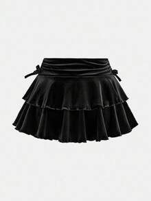 SHEIN Tween Girl Street 休闲黑色天鹅绒纯色抽绳腰部褶皱半身裙 - 黑色 - 查看 5