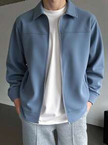 SHEIN Teen Boys' Casual Comfortable Versatile Solid Color Collar Jacket, Suitable For Autumn And Winter Fall - Blue - View 2