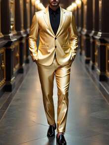 Manfinity AFTRDRK Men's Gold Color Long Sleeve Jacket & Pants Suit Gold Men Suit Men Evening Wear Prom Suits For Men Men Wedding Suit Luxury Clothes For Men - Gold - View 3