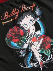 Betty Boop | ROMWE 大码女式 Y2K 玫瑰与肖像图案蕾丝吊带背心 - 黑色 - 查看 3