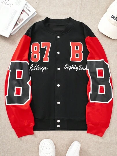 Men's Black And Red Patchwork Simple Fashion Number Print Pattern Casual Long Sleeve Zipper Jacket Men Varsity Jacket Baseball Jacket Letterman Jacket Men Graphic Jacket Custom Jacket