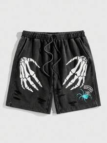 ROMWE MEN Anime Men's Dark Skull Hand Print Drawstring Waist Pocket Washed Shorts - Black - View 7
