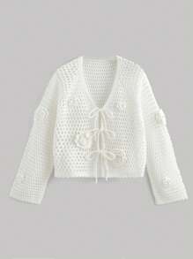 SHEIN MOD Plus Size White Crochet 3D Floral Beach Cover-Up Cardigan,Boho Plus Size Summer Cardigan: White Crochet & 3D Florals,Airy Plus Size Beach Cover-Up: White Crochet Floral Cardigan,Plus Size Summer,Lightweight Plus Size Crochet Cardigan: 3D Floral Cover-Up