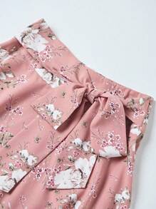 Sweetra Women's Floral Print Tie Waist Mid-Length Elegant A-Line Skirt - Pink - View 5