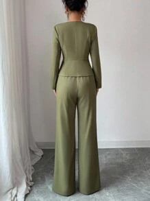 Elenzga Women's Elegant Long Sleeve Blouse And Pants, Romantic Slim Fit Business Suit Fall Cloth For Women - Army Green - View 2