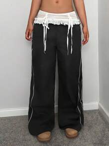 StreetHx Pantalones casuales de mujer con ribete de encaje y contraste de color, otoño/invierno