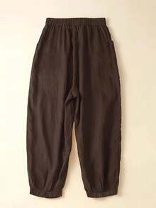 EMERY ROSE Plus Size Women's Solid Color Waist Tie Elastic Cuff Loose Casual Pants Fall - Brown - View 2