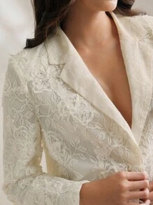 Anewsta 女士优雅蕾丝翻领系带西装外套，适合通勤和派对 - 杏色 - 查看 7