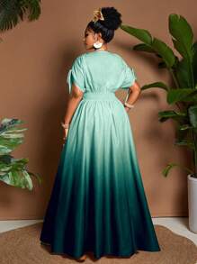 Maweii 大码女式优雅渐变色印花蝴蝶结 V 领 A 字长裙，蝙蝠袖，收腰设计，百搭设计，适合度假、海滩、音乐节、春夏季 - 彩色 - 查看 2