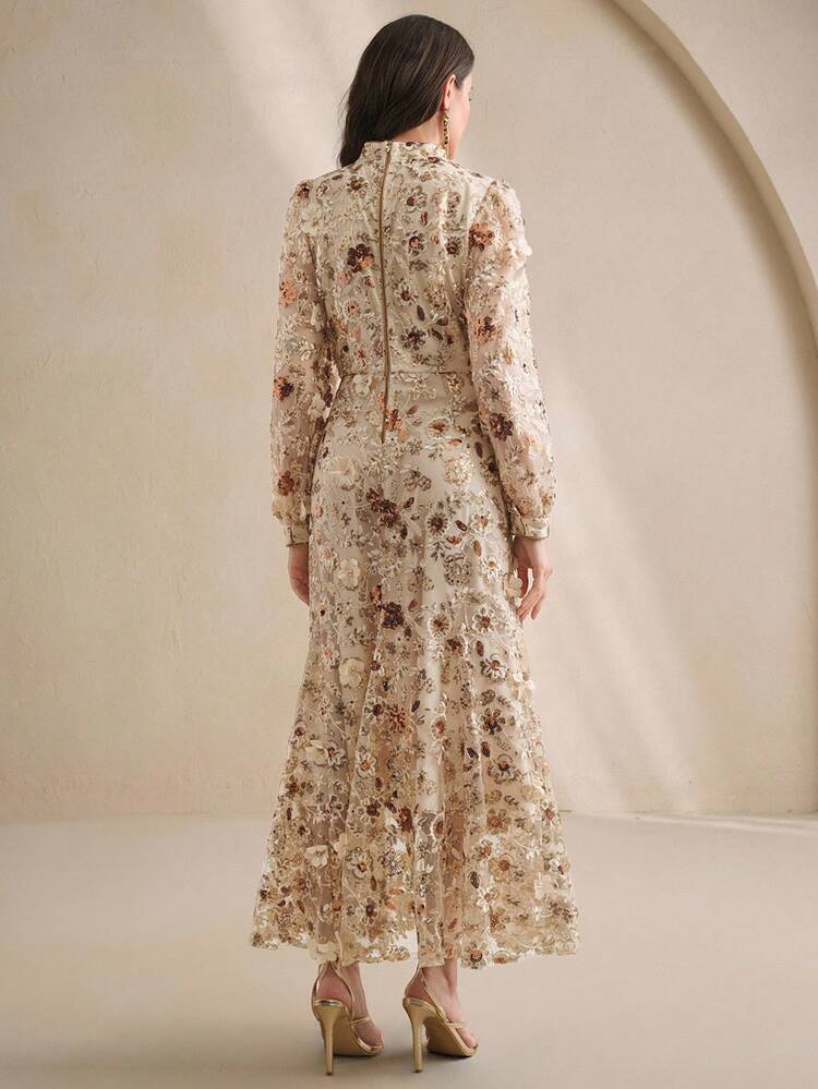Elegant Champagne Color Dress With 3D Floral Mesh, Sequins, Suitable For Party, Date, Vacation