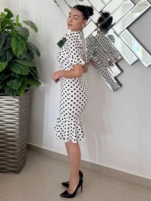 Andrea Bello 波點圖案喇叭袖魚尾裙下擺洋裝 - 白色 - 查看 5