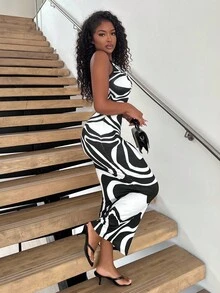 Alexandranx Women's Tie-Dye Print Fitted Dress, Summer Long Dress, Green Long Dress Maxi Women Outfit - Black and White - View 5