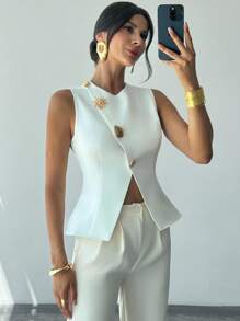 Firerie 女士优雅精致浪漫通勤新款时尚日常金属纽扣腰部 A 字下摆无袖白色衬衫上衣 - 白色 - 查看 5