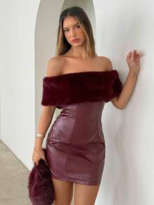 Aloruh Women's Ankara Red PU Patchwork Faux Fur Off Shoulder Fashionable Dress,Burgundy Short Dress,Wine Red Mini Dress,Halloween Costumes,Old Money Style,Christmas Dress,New Year Dress,Elegant Party Dress,Business Casual Woman,Fall Dresses For Women,Autumn Dress