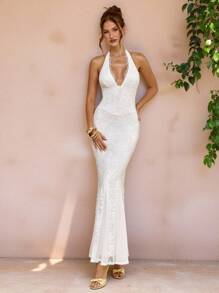 SHEIN BAE 长款优雅蕾丝细肩带连衣裙，白色蕾丝拼布美人鱼连衣裙 - 白色 - 查看 4