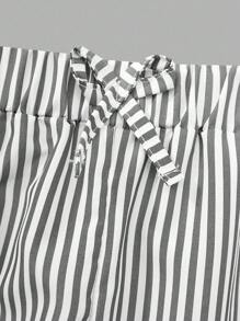 青少年女孩三件套，街头酷炫条纹长袖衬衫、裤子和吊带背心，适合春季和秋季 - 黑與白 - 查看 7