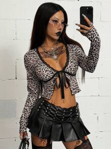 Coolane Women's Fall/All-Season Rave Party Western Wear Leopard Contrast Lace Straps Brown Cardigan Long Sleeve T-Shirt