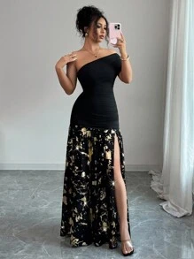 Elenzga Randomly Printed Asymmetrical Shoulder Strapless Knit Elastic Bodycon Vintage Elegant Luxurious Little Black Dress, Metallic Foil Chiffon Mermaid Low Waist Floor Length Gown For Graduation, Party, Banquet - Black - View 5
