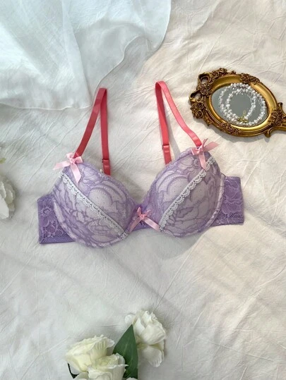 DelicateAllure 3/4 罩杯钢圈塑形聚拢浪漫甜美可爱蝴蝶结蕾丝女士文胸，薰衣草色、粉色、撞色，日常穿着，卡哇伊，洛丽塔