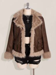 SHEIN ICON Plus Size Vintage PU Leather Patchwork Faux Fur Collar Double Pocket Jacket Fur Jacket Women Brown Fur Jacket Women Fur Coat Faux Fur Jacket Women Brown Jacket Women Winter Fall Autumn