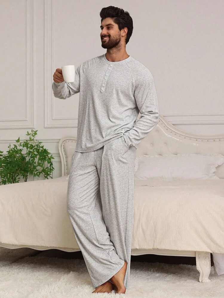Men's Autumn Simple Button-Up Long Sleeve Grey T-Shirt And Pants Pajama Set, Fall Winter Clothes