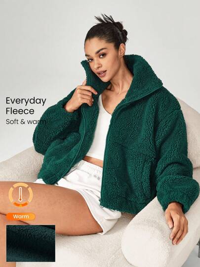 GLOWMODE Cozy Thick Polar Fleece Soft Warm Loose Fit Super High Collar Elastic Hem Jacket With Side Pockets Daily Casual Winter