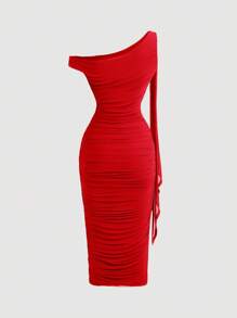 SHEIN MOD 女式修身不对称肩部褶饰金属扣装饰中长连衣裙 - 紅色 - View 2