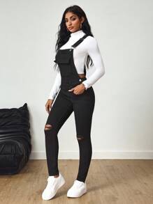SHEIN Tall Solid Color Elastic Distressed Skinny Denim Bib Overalls - Black - View 3