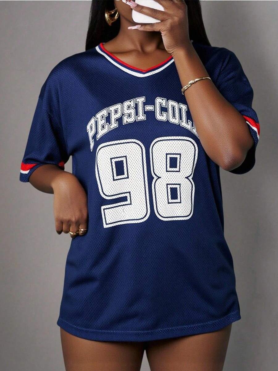PEPSI X SHEIN Camiseta holgada de mujer azul marino, jersey, tela transpirable de malla, estilo universitario, deportivo y fresco, con estampado de cola, vuelta al cole, blusas para la escuela, blusas básicas, otoño e invierno - Azul Marino - Ver 1