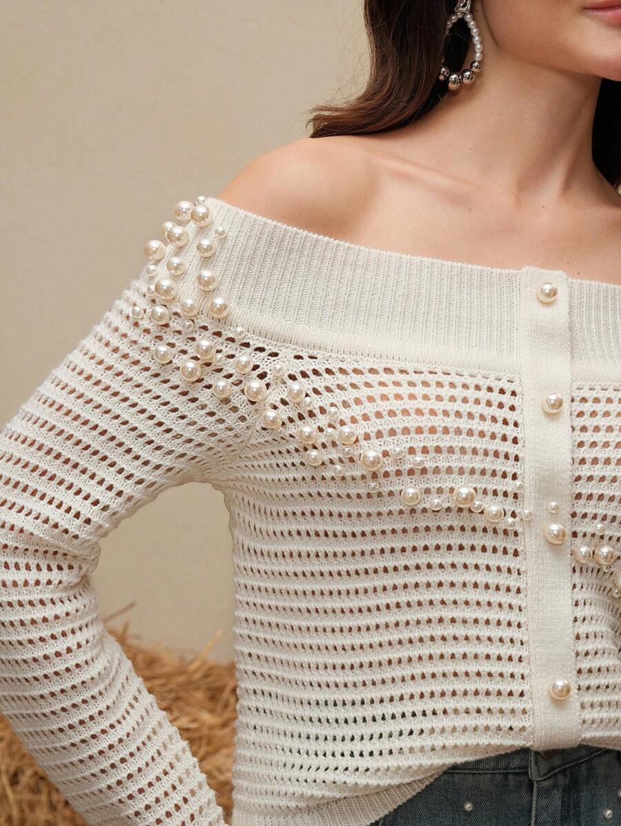 Anewsta Pulover elegant și versatil pentru femei, bej, cu ținte, cu umeri goi, toamnă/iarnă - Bej - Vizualizare 1