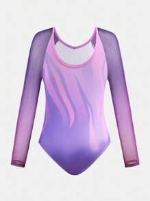 SHEIN Leotardo de manga larga con estampado de rhinestones morados para niñas preadolescentes, ropa deportiva para entrenamiento y competición, para todas las temporadas - Multicolor - Ver 5