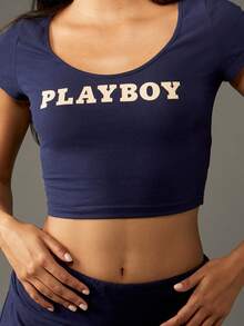 Missguided x Playboy 休闲家居服阔腿两件套，搭配短袖短款上衣和高腰阔腿裤，晚间瑜伽服 - 藍色 - 查看 6