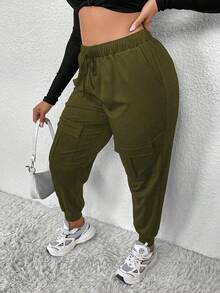EMERY ROSE Plus Size Solid High Waisted Drawstring Hem Cargo Pants - Green - View 4