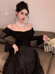 DAZY Đầm dài tay loe xếp nếp hở vai phối ren chắp vá cho nữ, mùa thu, mùa thu Quần áo nữ Đầm dài tay Đầm dạ hội Đầm thanh lịch cho nữ - màu đen - Xem 5