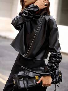 Hanevo 女式纯色 PU 皮革拉链休闲百搭夹克 - 黑色 - 查看 5