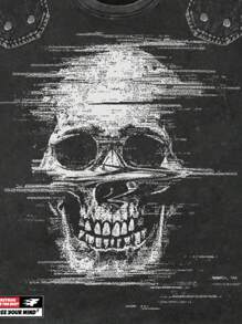 ROMWE MEN Goth 男士休闲水洗骷髅印花短袖T恤 - 黑色 - 查看 4