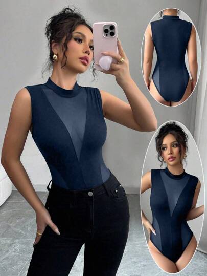 Chiquease 欧美新款时尚圆领时尚网眼拼接无袖女式连体衣，随机花卉图案